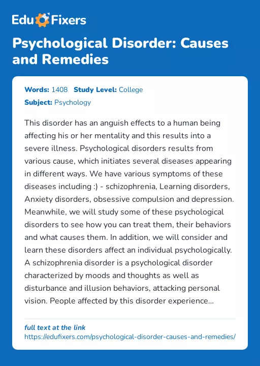 Psychological Disorder: Causes and Remedies - Essay Preview