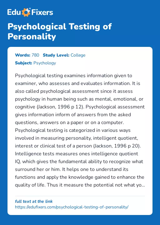 Psychological Testing of Personality - Essay Preview
