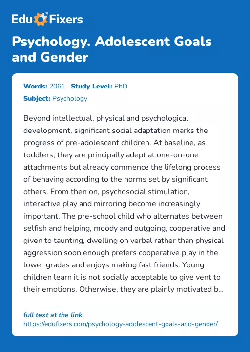 Psychology. Adolescent Goals and Gender - Essay Preview
