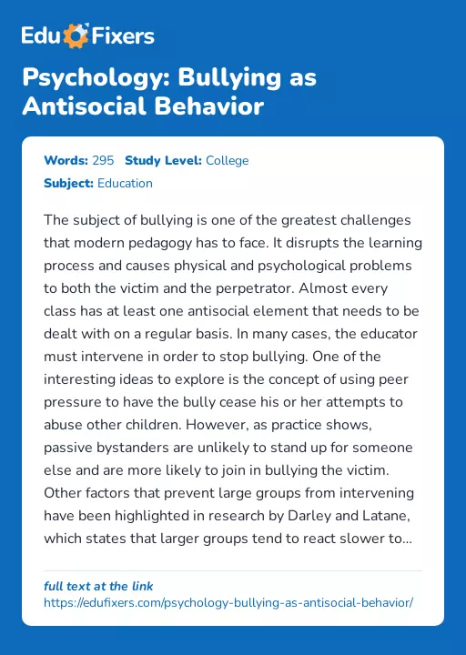 Psychology: Bullying as Antisocial Behavior - Essay Preview