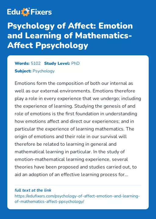 Psychology of Affect: Emotion and Learning of Mathematics-Affect Ppsychology - Essay Preview