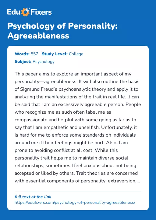 Psychology of Personality: Agreeableness - Essay Preview