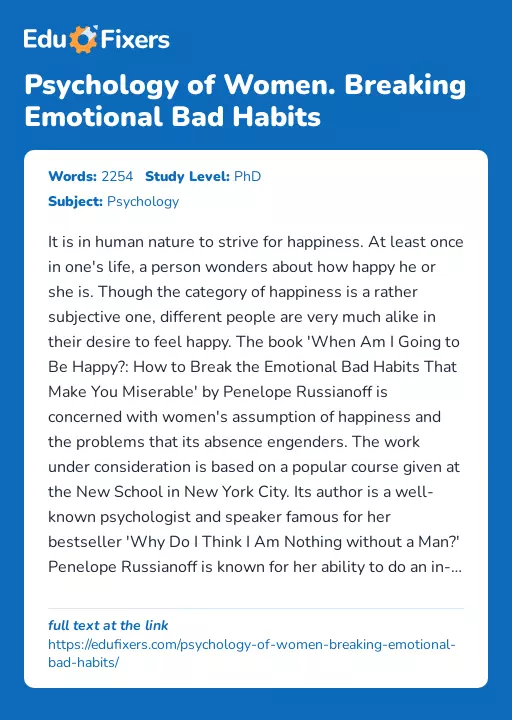 Psychology of Women. Breaking Emotional Bad Habits - Essay Preview