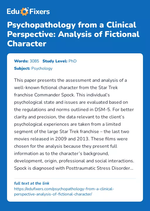 Psychopathology from a Clinical Perspective: Analysis of Fictional Character - Essay Preview