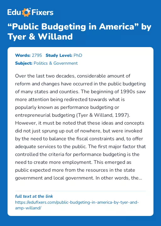 “Public Budgeting in America” by Tyer & Willand - Essay Preview