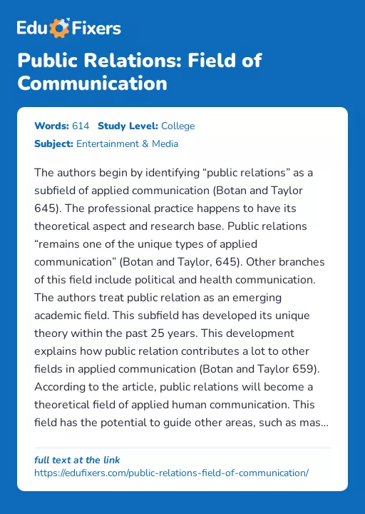 Public Relations: Field of Communication - Essay Preview