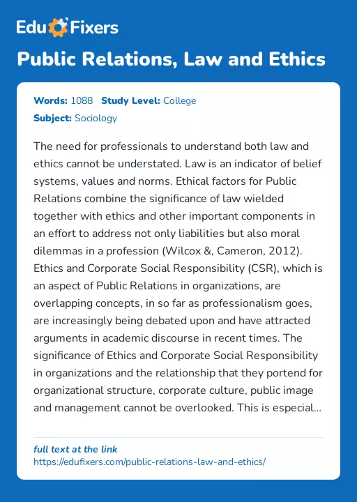 Public Relations, Law and Ethics - Essay Preview