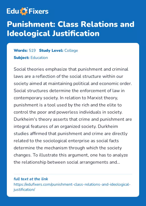 Punishment: Class Relations and Ideological Justification - Essay Preview