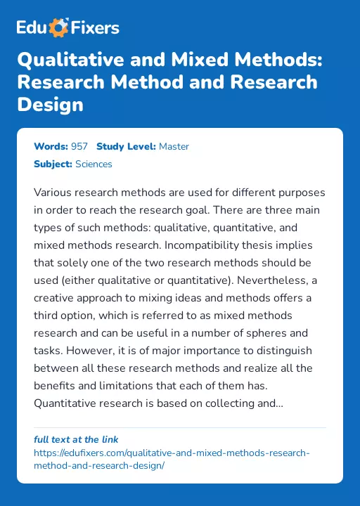 Qualitative and Mixed Methods: Research Method and Research Design - Essay Preview