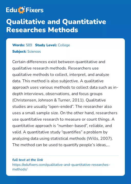 Qualitative and Quantitative Researches Methods - Essay Preview