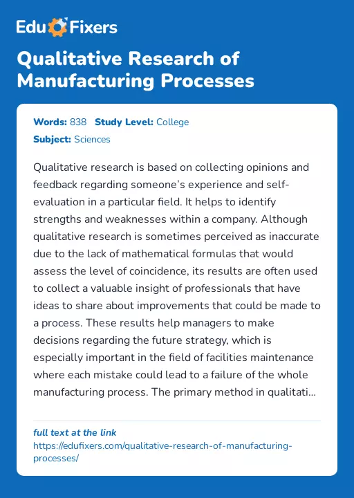 Qualitative Research of Manufacturing Processes - Essay Preview