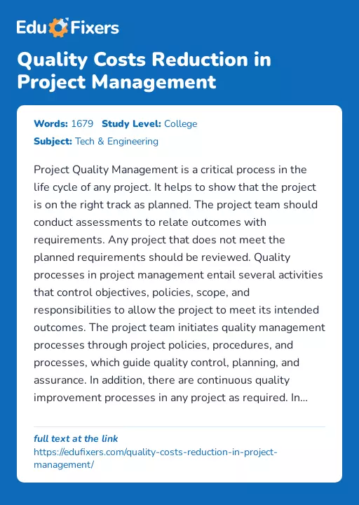 Quality Costs Reduction in Project Management - Essay Preview