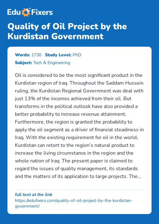Quality of Oil Project by the Kurdistan Government - Essay Preview