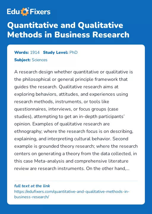 Quantitative and Qualitative Methods in Business Research - Essay Preview