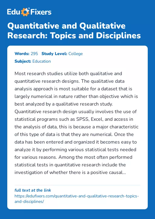Quantitative and Qualitative Research: Topics and Disciplines - Essay Preview