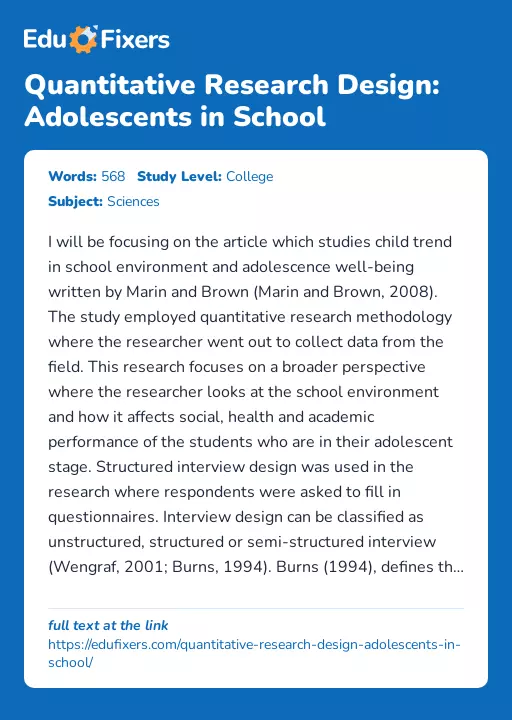Quantitative Research Design: Adolescents in School - Essay Preview