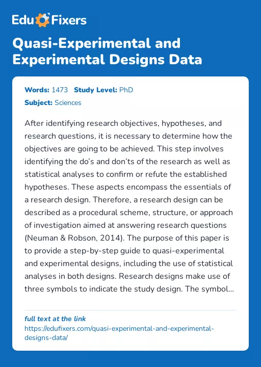 Quasi-Experimental and Experimental Designs Data - Essay Preview