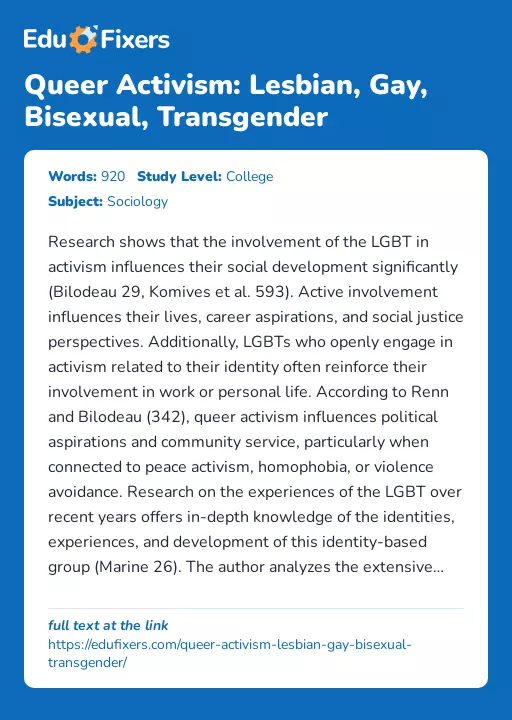 Queer Activism: Lesbian, Gay, Bisexual, Transgender - Essay Preview