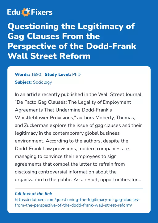 Questioning the Legitimacy of Gag Clauses From the Perspective of the Dodd-Frank Wall Street Reform - Essay Preview