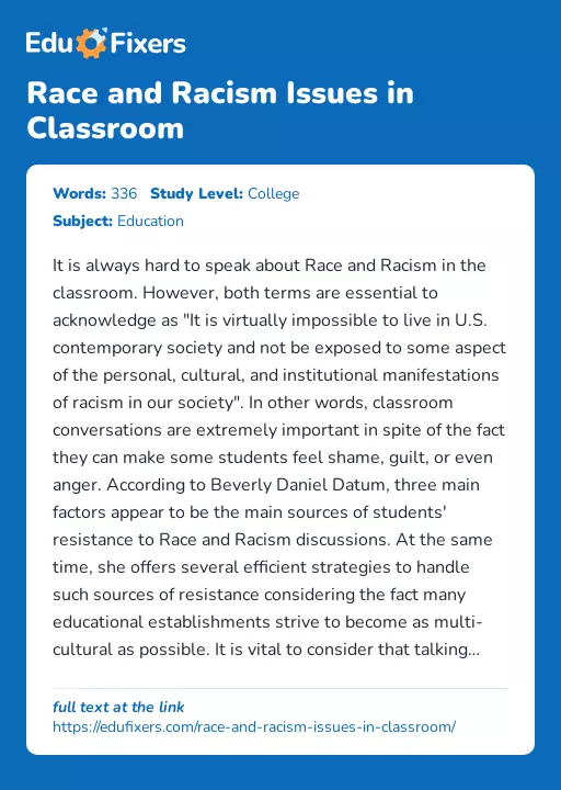 Race and Racism Issues in Classroom - Essay Preview