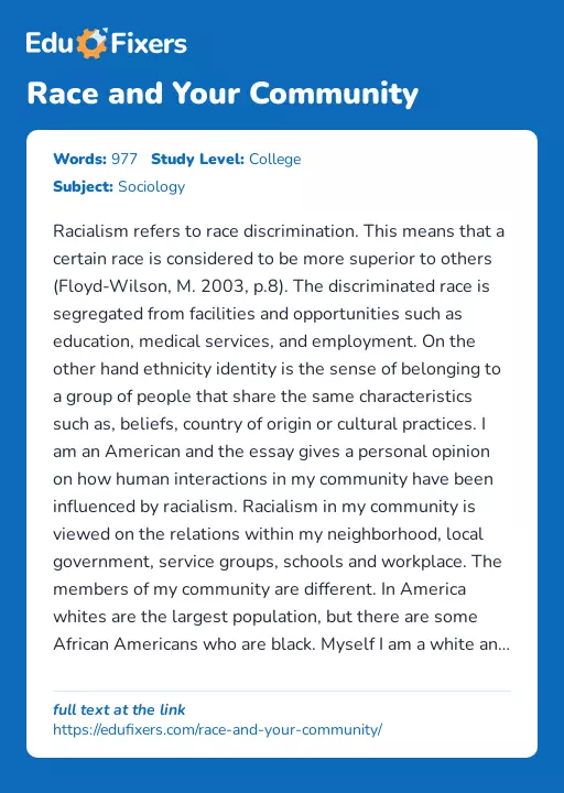 Race and Your Community - Essay Preview