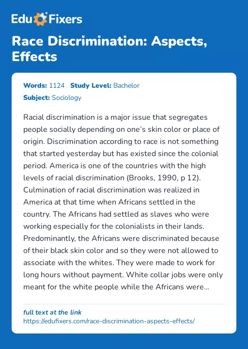 Race Discrimination: Aspects, Effects - Essay Preview