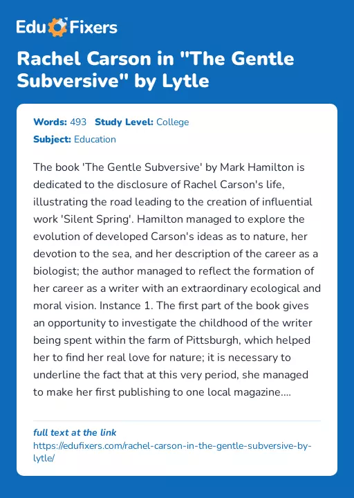 Rachel Carson in "The Gentle Subversive" by Lytle - Essay Preview