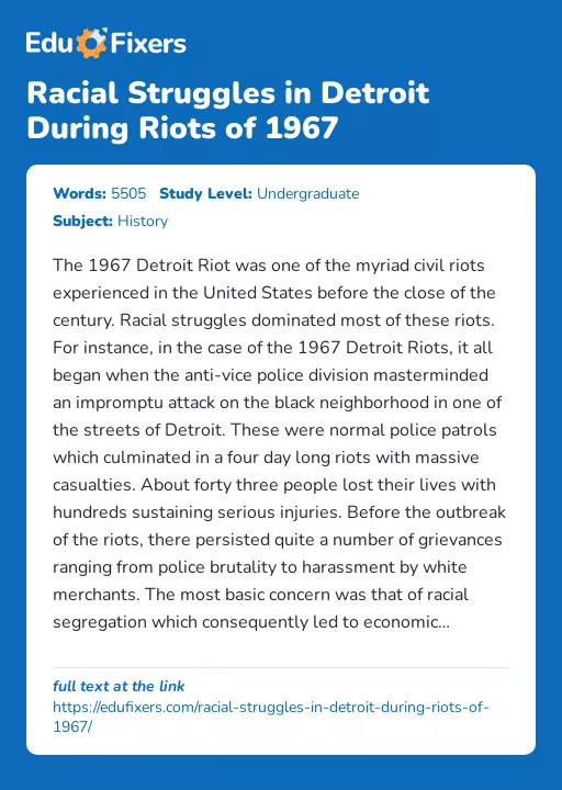 Racial Struggles in Detroit During Riots of 1967 - Essay Preview