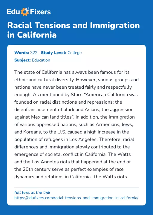 Racial Tensions and Immigration in California - Essay Preview