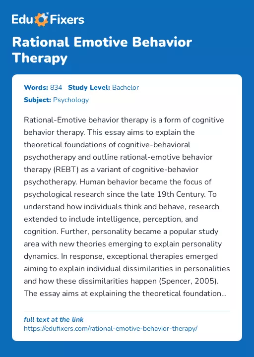 Rational Emotive Behavior Therapy - Essay Preview