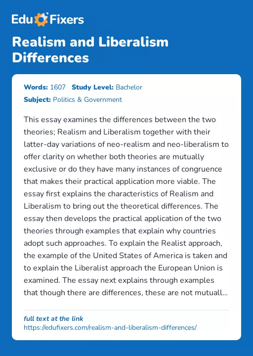 Realism and Liberalism Differences - Essay Preview