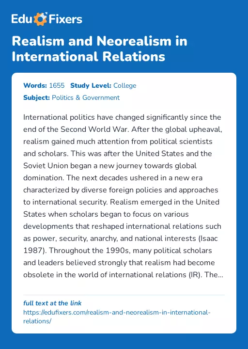 Realism and Neorealism in International Relations - Essay Preview