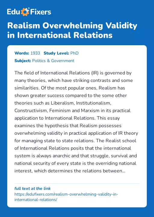 Realism Overwhelming Validity in International Relations - Essay Preview