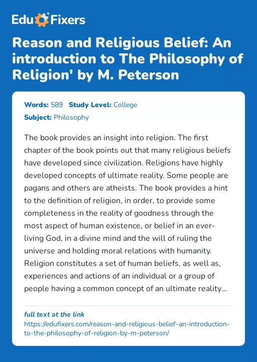 Reason and Religious Belief: An introduction to The Philosophy of Religion' by M. Peterson - Essay Preview