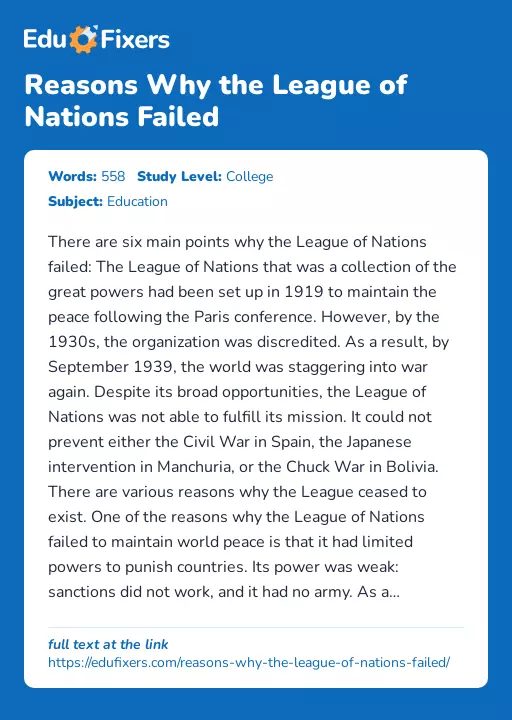 Reasons Why the League of Nations Failed - Essay Preview