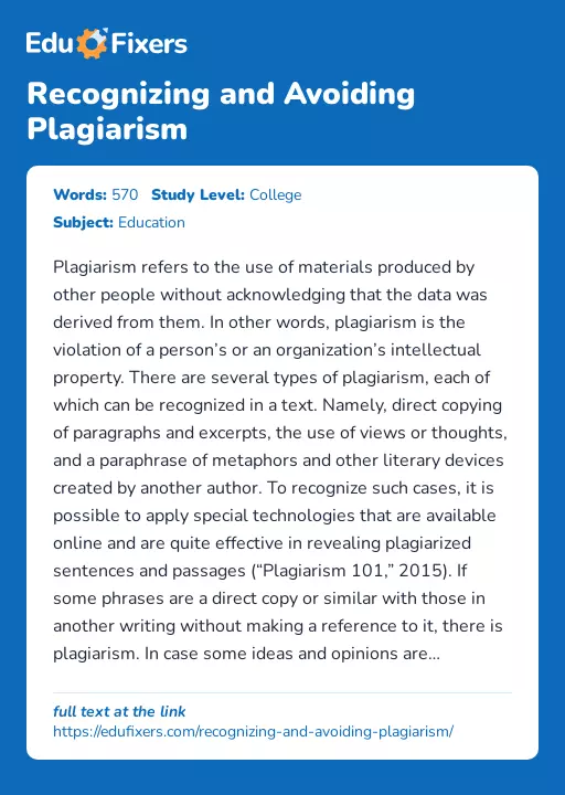 Recognizing and Avoiding Plagiarism - Essay Preview