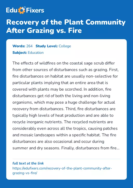 Recovery of the Plant Community After Grazing vs. Fire - Essay Preview