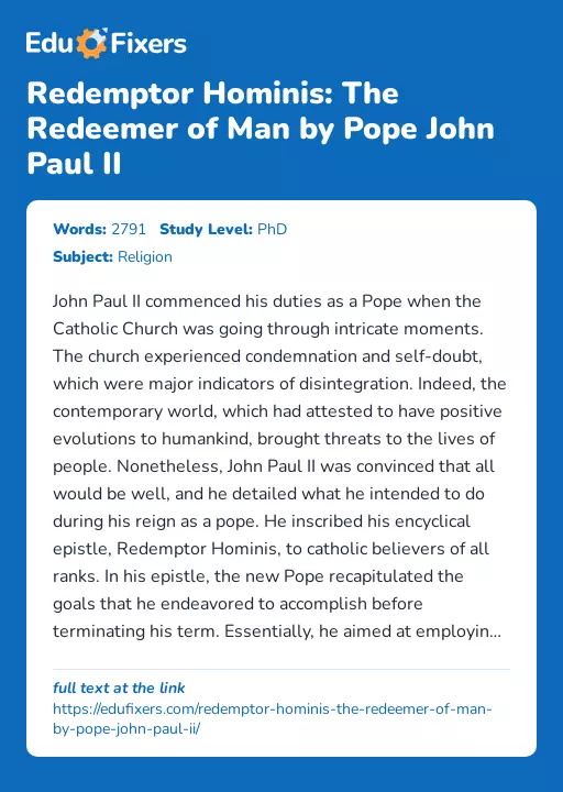 Redemptor Hominis: The Redeemer of Man by Pope John Paul II - Essay Preview