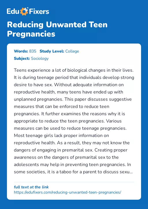 Reducing Unwanted Teen Pregnancies - Essay Preview