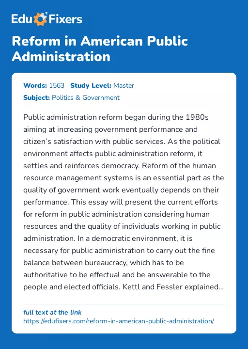 Reform in American Public Administration - Essay Preview
