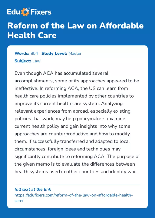 Reform of the Law on Affordable Health Care - Essay Preview