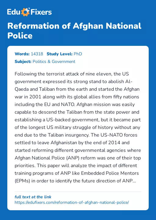 Reformation of Afghan National Police - Essay Preview