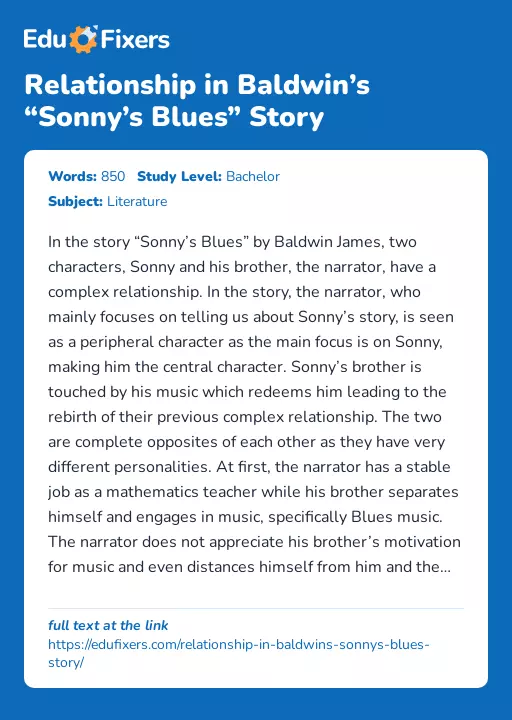 Relationship in Baldwin’s “Sonny’s Blues” Story - Essay Preview