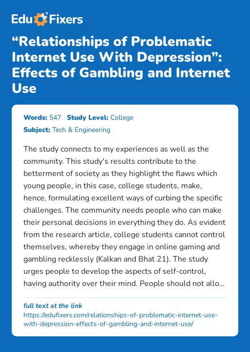 “Relationships of Problematic Internet Use With Depression”: Effects of Gambling and Internet Use - Essay Preview