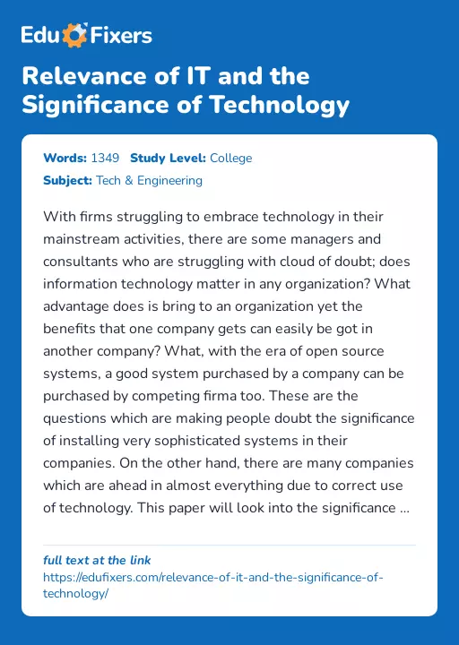Relevance of IT and the Significance of Technology - Essay Preview