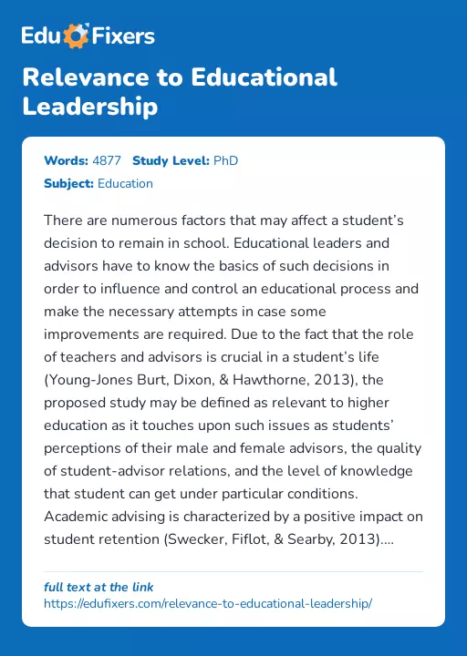 Relevance to Educational Leadership - Essay Preview