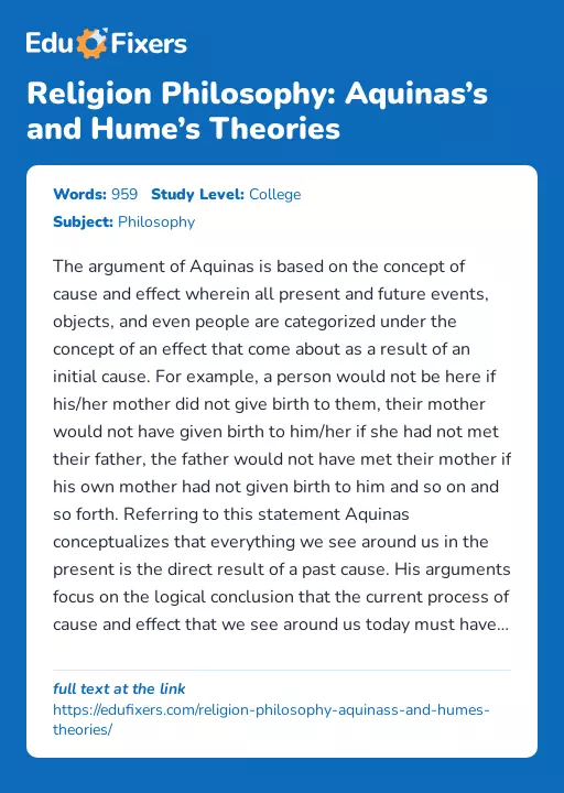Religion Philosophy: Aquinas’s and Hume’s Theories - Essay Preview