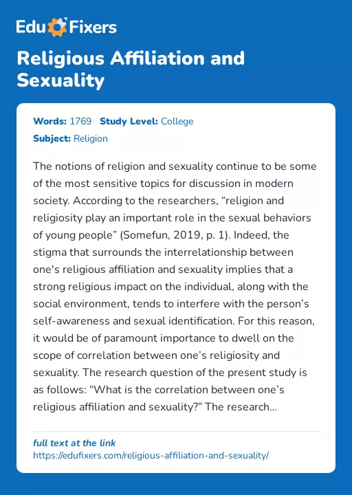 Religious Affiliation and Sexuality - Essay Preview