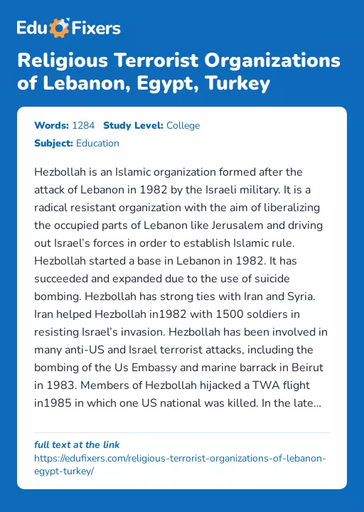 Religious Terrorist Organizations of Lebanon, Egypt, Turkey - Essay Preview