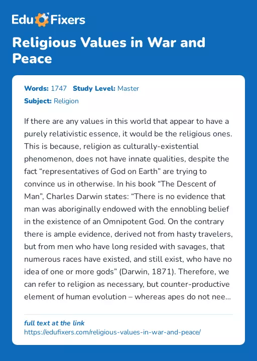 Religious Values in War and Peace - Essay Preview